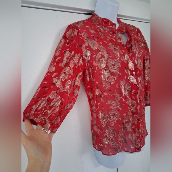 Ba&sh/ Tanama Printed Silk Blend Blouse/ Red and Metallic Gold/ Size US XS - Picture 8 of 15